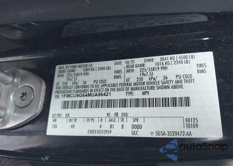 2021 Ford Escape Se из США, поврежденный, VIN 1FMCU9G64MUA96421